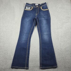 Vtg Y2K Angel Bootcut Jeans Women 11/28 Blue Denim Rhinestone Embellished 90s